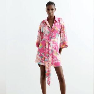 ZARA Pink Floral Printed Satin/Sarin Effect Floral‎ Kimono Dress NWT - XS